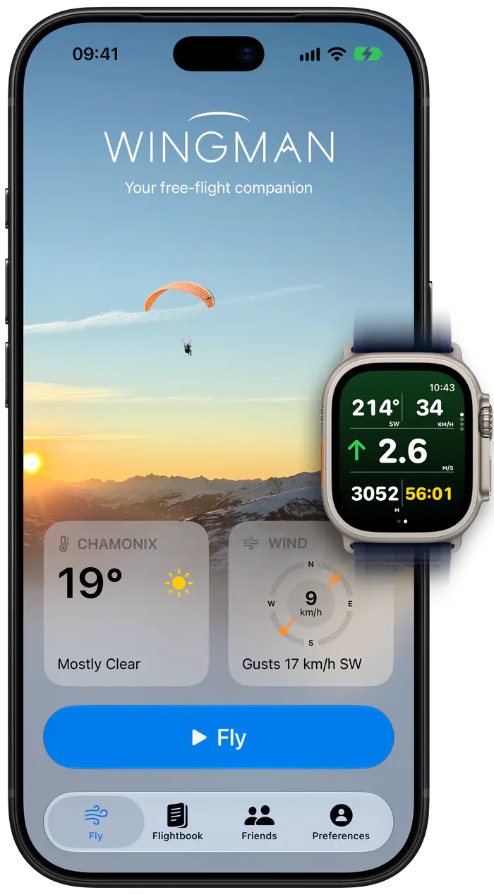 Wingman home screen on iPhone and the flight page on Apple Watch